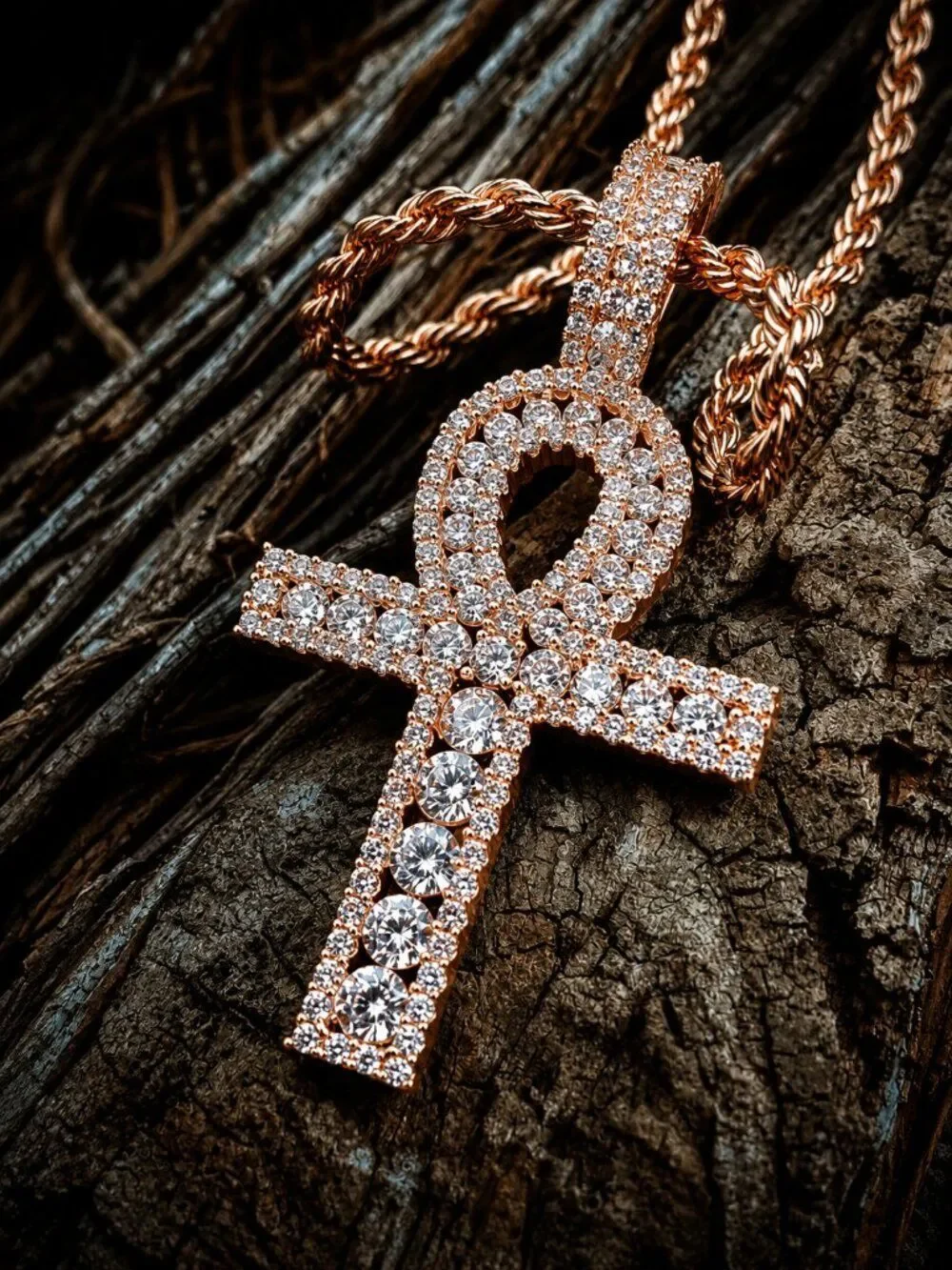 Rose Gold Channel Set Ankh Necklace